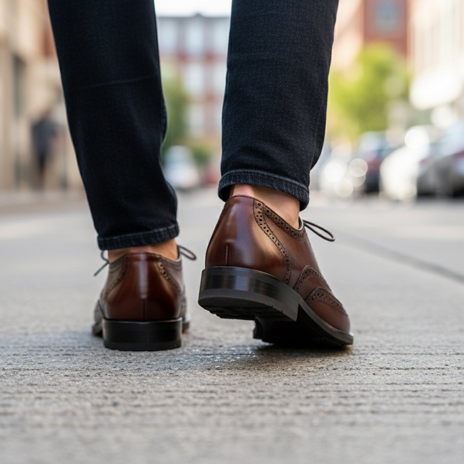model-walking-street - Men's Brown Leather Wingtip Brogue Dress Shoes