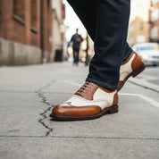 model-walking-street - Men's Brown Leather Wingtip Brogue Dress Shoes
