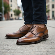 model-walking-street - Men's Brown Leather Wingtip Brogue Dress Shoes