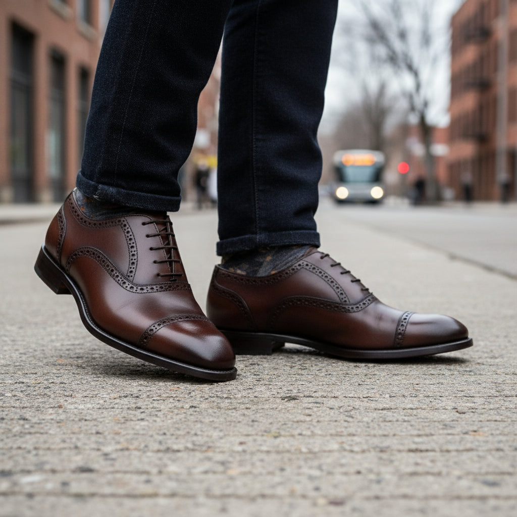 model-walking-street - Men's Brown Leather Wingtip Brogue Shoes