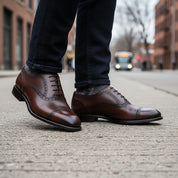 model-walking-street - Men's Brown Leather Wingtip Brogue Shoes