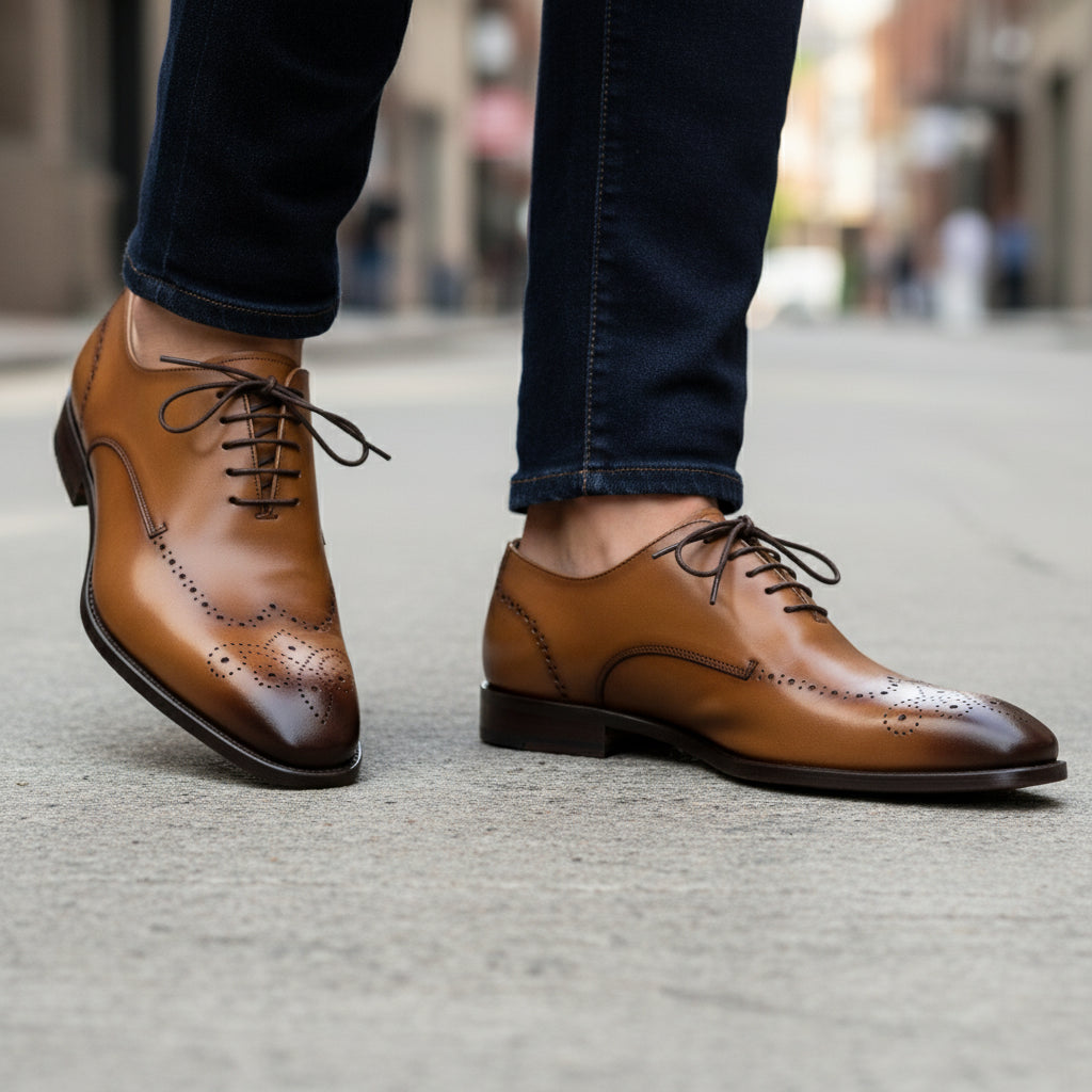 model-walking-street - Men's Brown Leather Wingtip Brogue Shoes