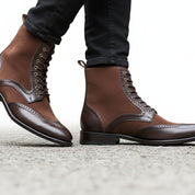 Men's Brown Leather Wingtip Lace-Up Ankle Boots - model-walking-street
