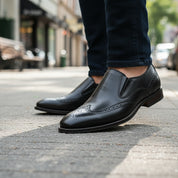 model-walking-street - Men's Brown Leather Wingtip Loafers