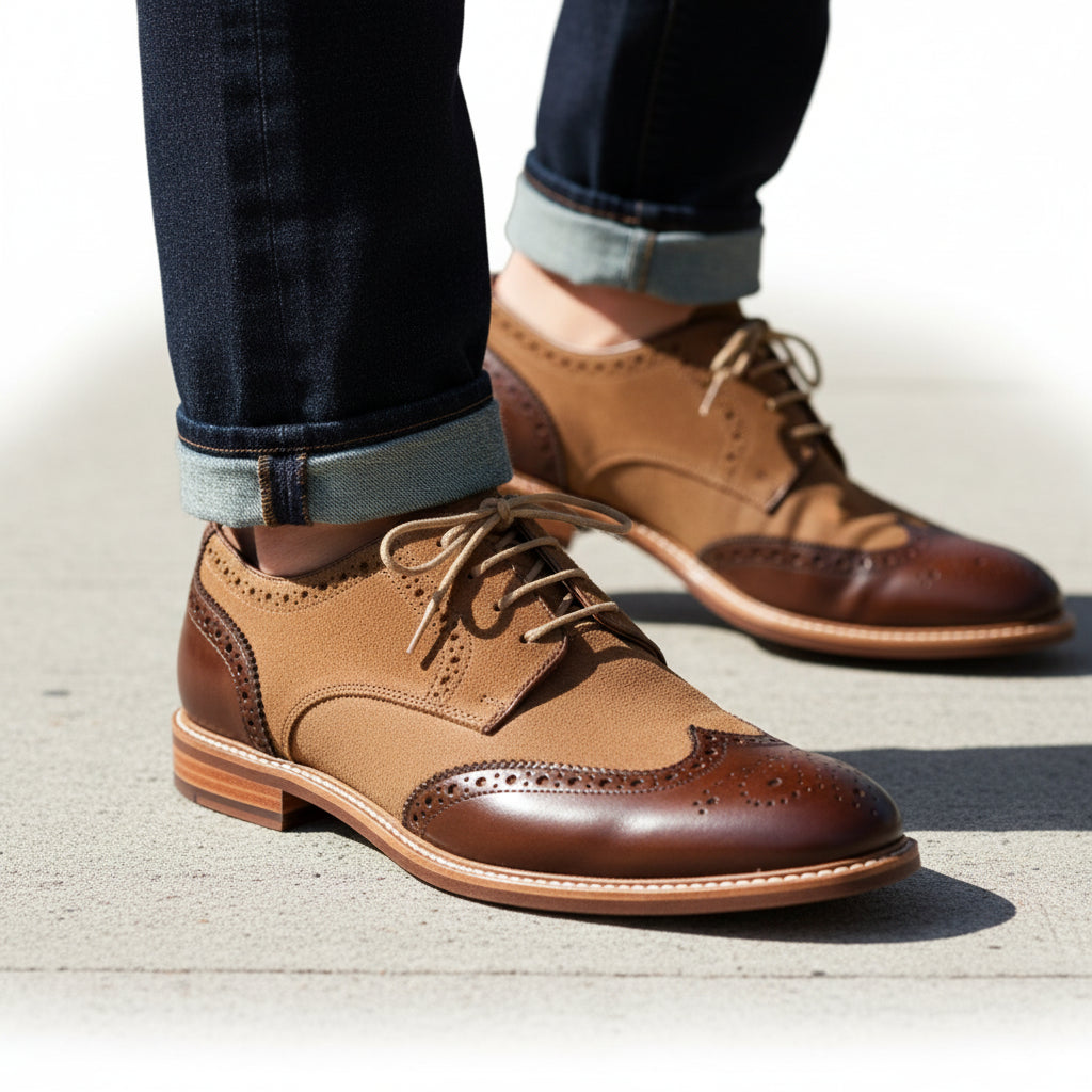 model-walking-street - Men's Brown Leather Wingtip Oxford Shoes