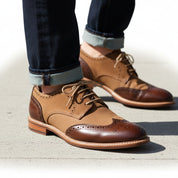 model-walking-street - Men's Brown Leather Wingtip Oxford Shoes