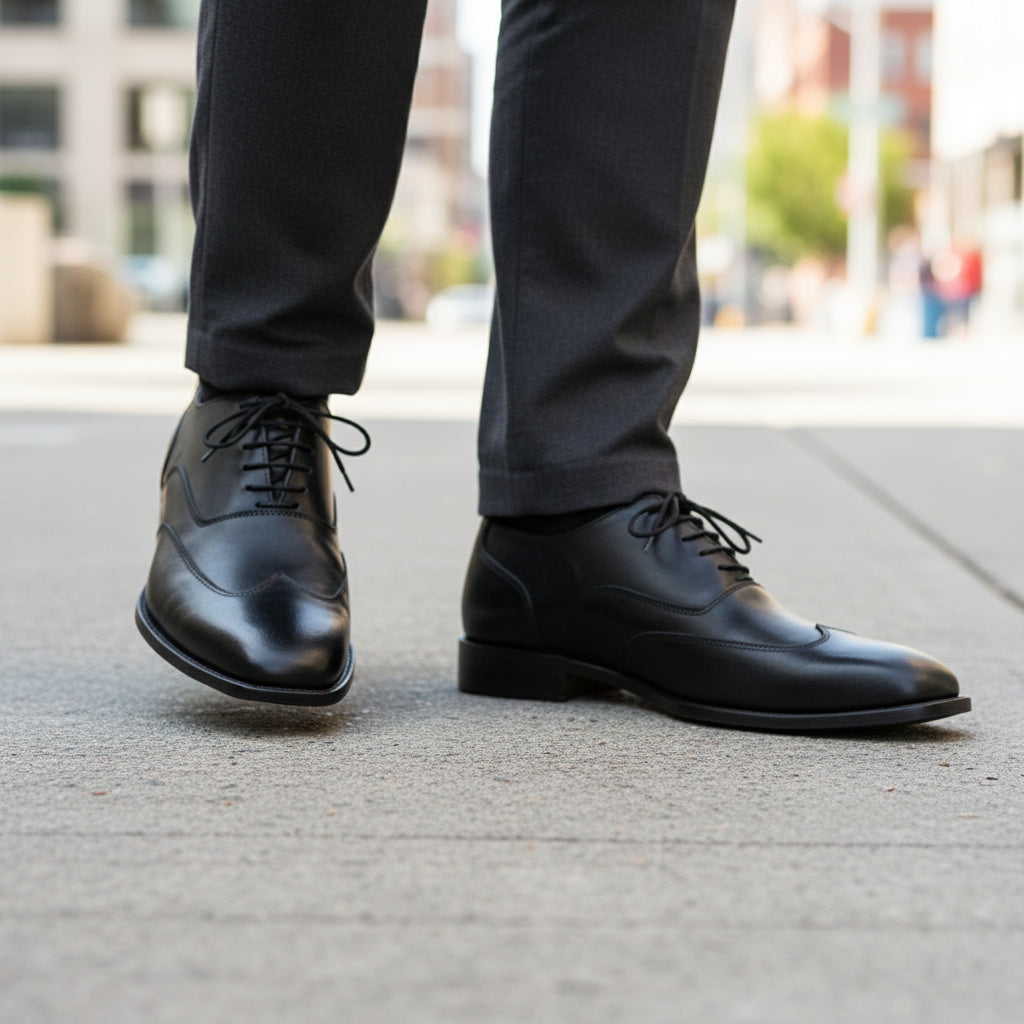 model-walking-street - Men's Brown Leather Wingtip Oxford Shoes