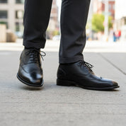 model-walking-street - Men's Brown Leather Wingtip Oxford Shoes