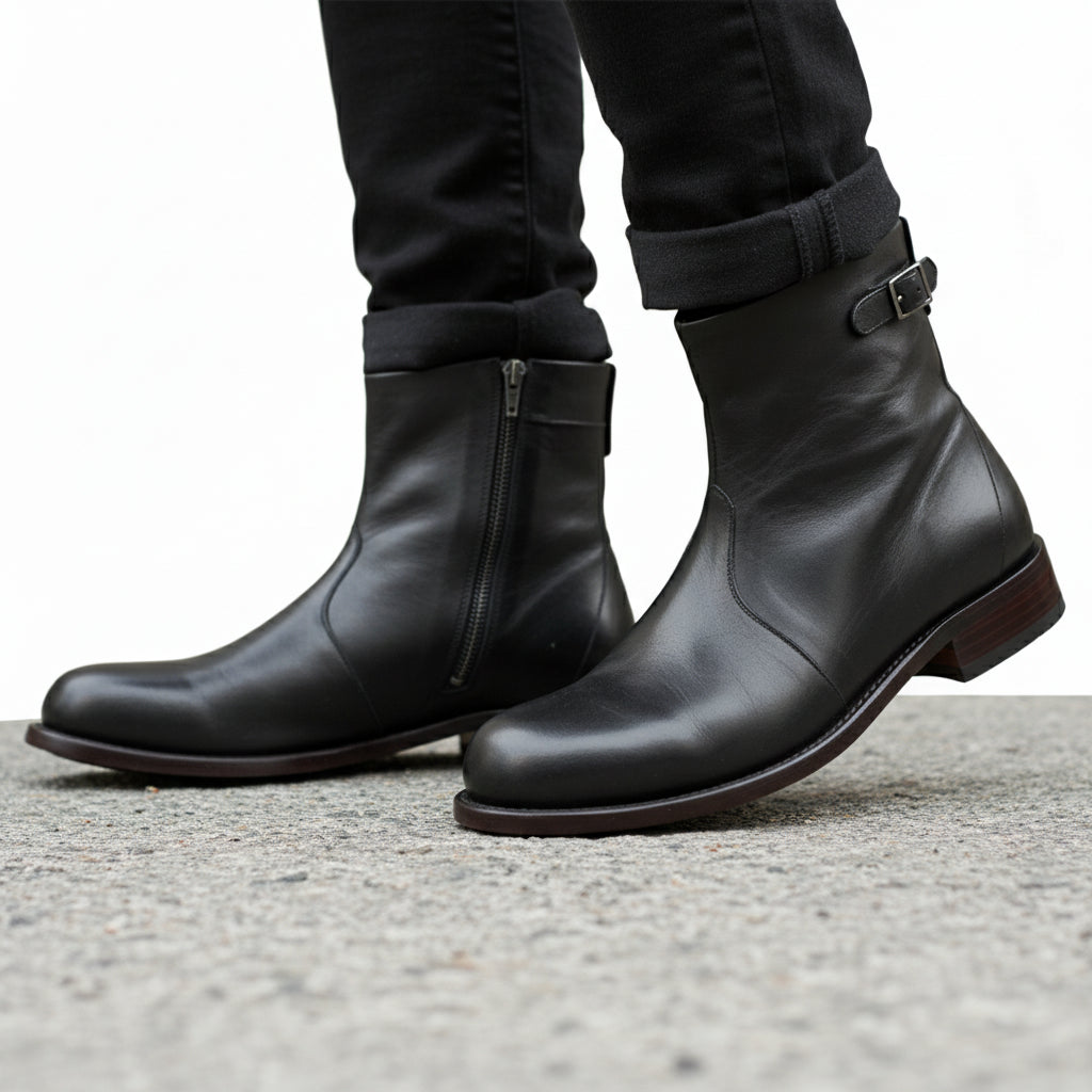 model-walking-street - Men's Brown Leather Zipper Ankle Boots