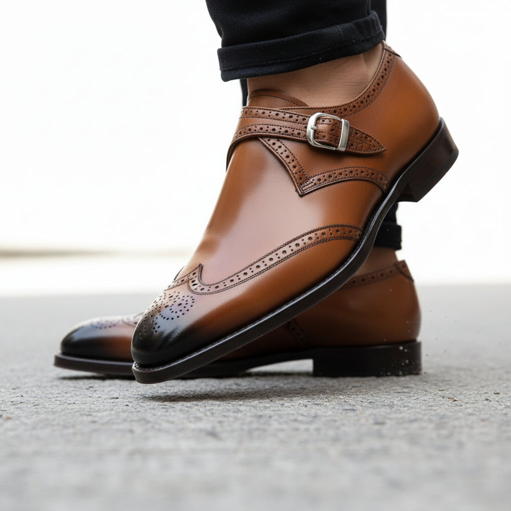 Men's Brown Monk Strap Leather Dress Shoes - model-walking-street