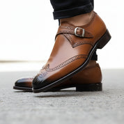 Men's Brown Monk Strap Leather Dress Shoes - model-walking-street