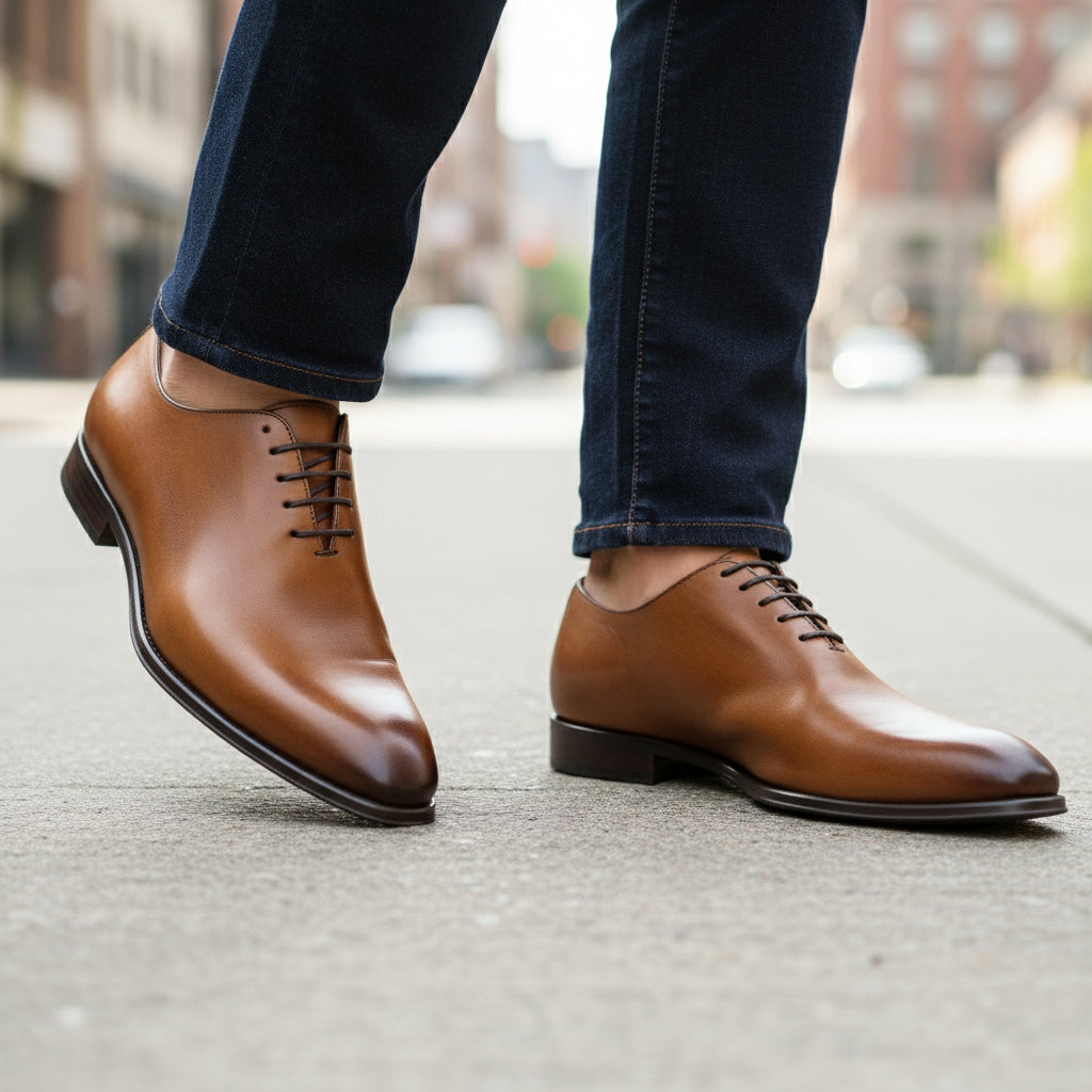 Men's Brown Oxford Leather Dress Shoes - model-walking-street