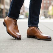 Men's Brown Oxford Leather Dress Shoes - model-walking-street