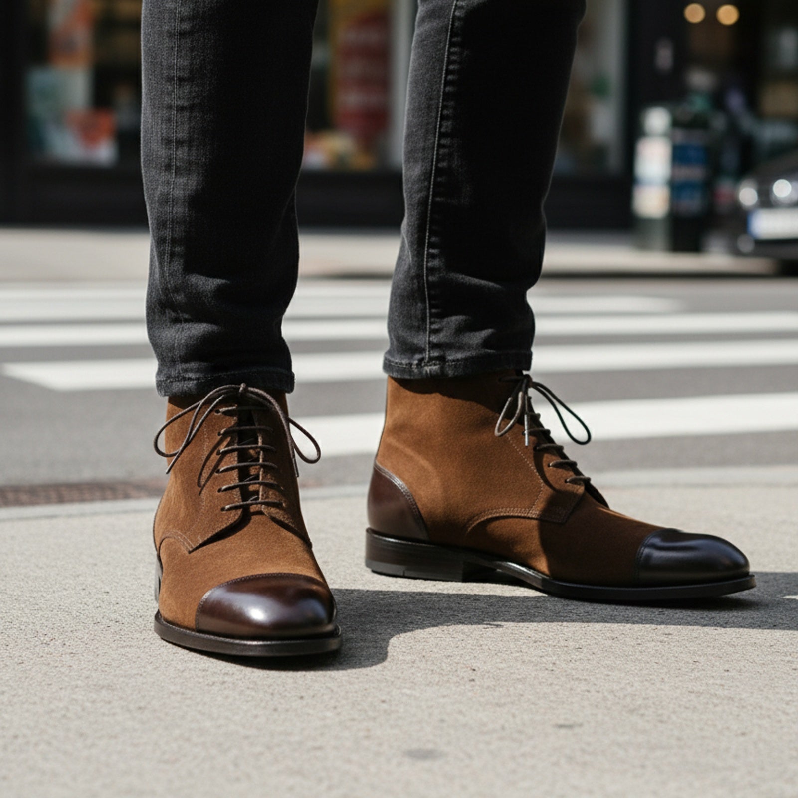 model-walking-street - Men's Brown Suede Ankle Boots with Cap Toe