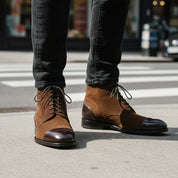 model-walking-street - Men's Brown Suede Ankle Boots with Cap Toe