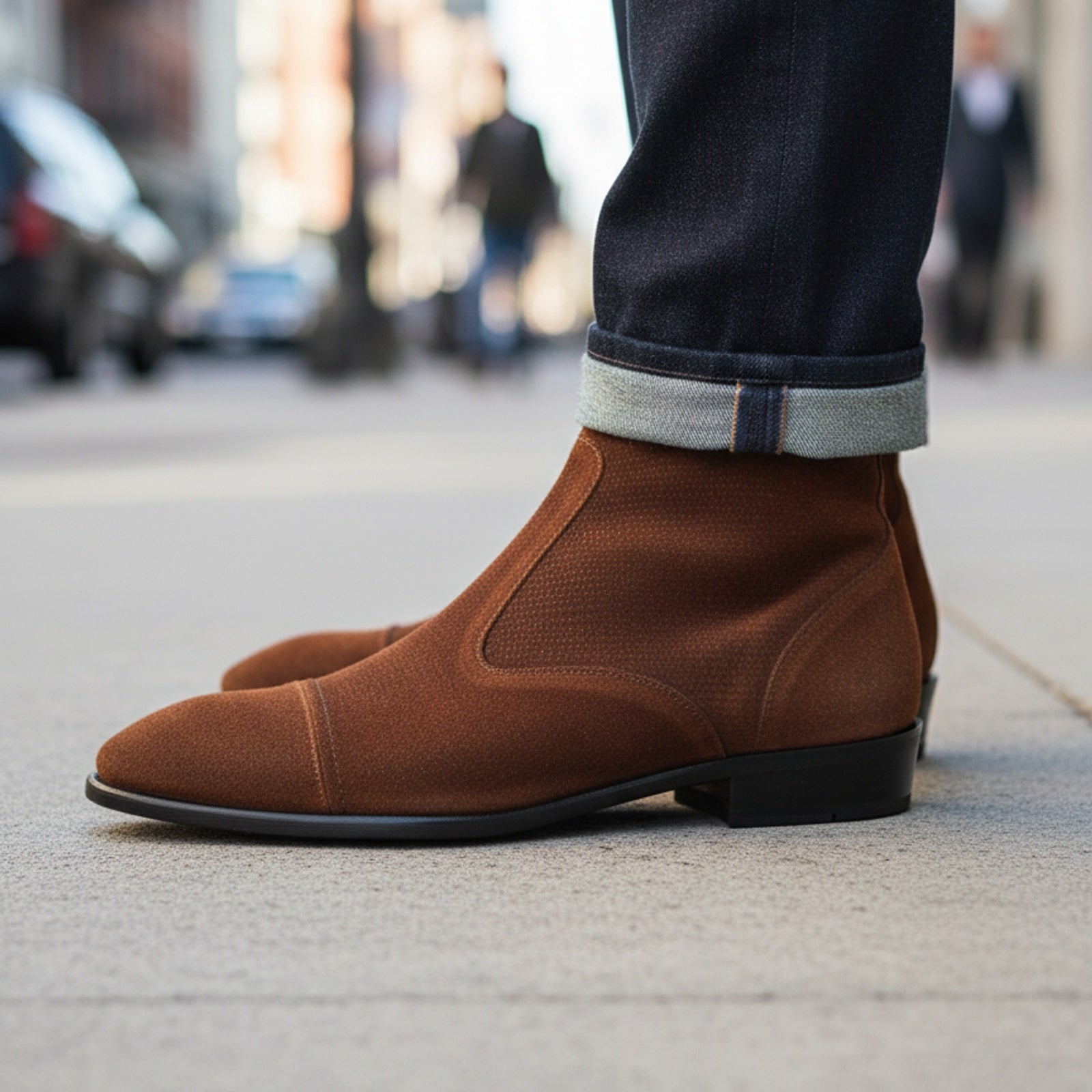 model-walking-street - Men's Brown Suede Ankle Boots