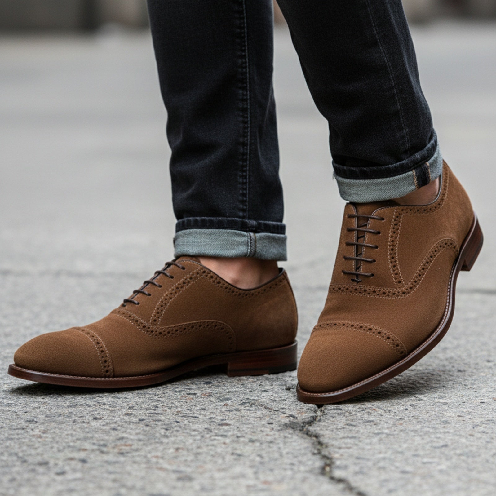 Men's Brown Suede Brogue Dress Shoes - model-walking-street