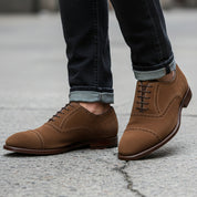 Men's Brown Suede Brogue Dress Shoes - model-walking-street