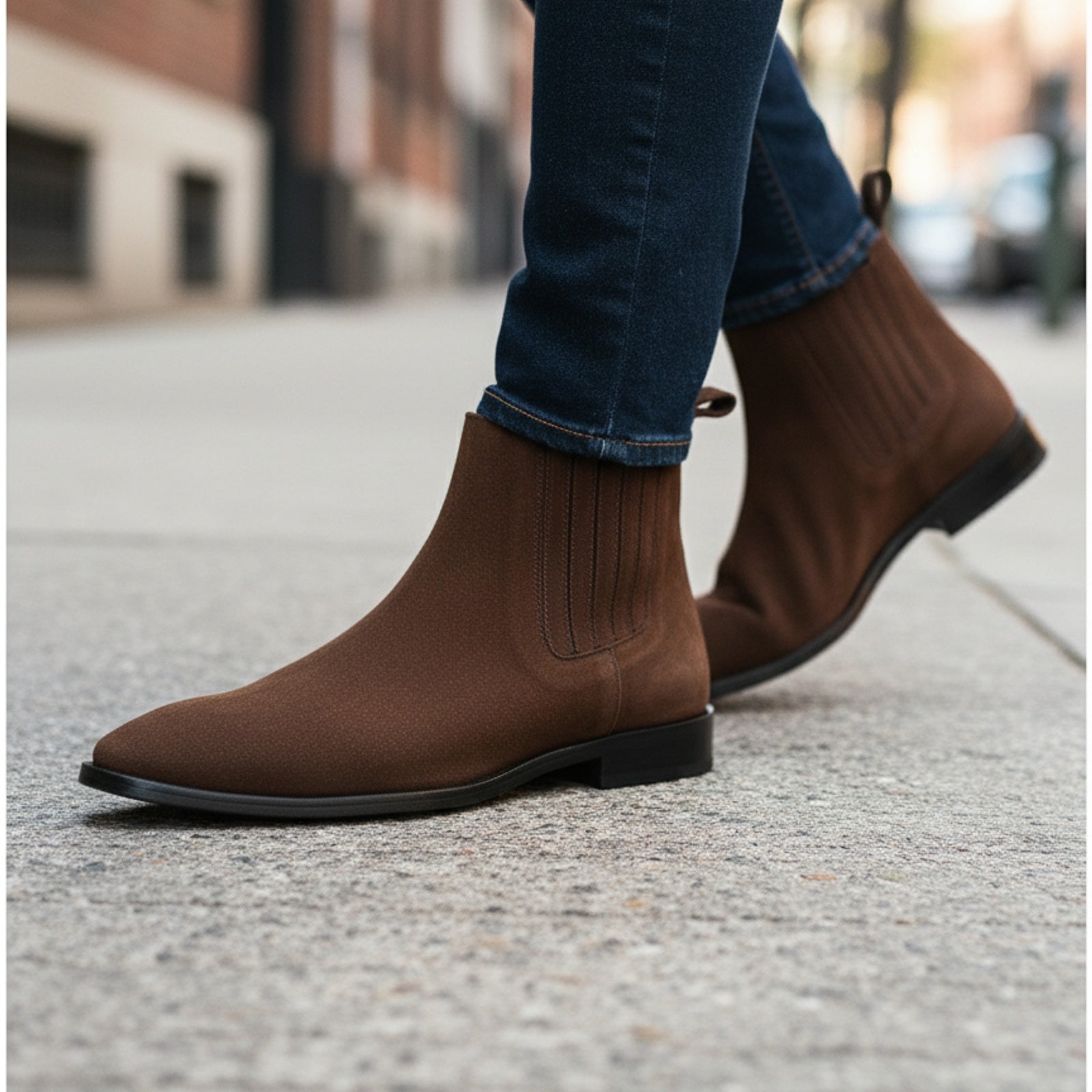 model-walking-street - Men's Brown Suede Chelsea Ankle Boots with Leather Sole