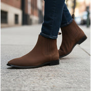 model-walking-street - Men's Brown Suede Chelsea Ankle Boots with Leather Sole