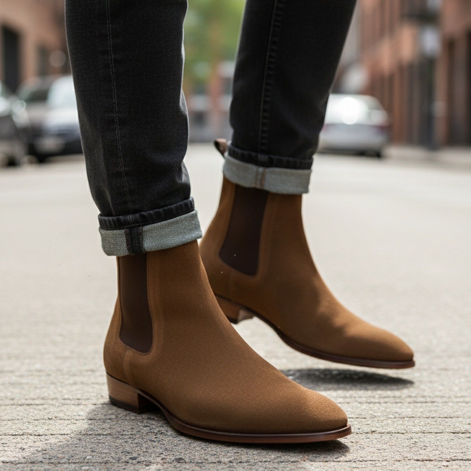 model-walking-street - Men's Brown Suede Chelsea Ankle Boots