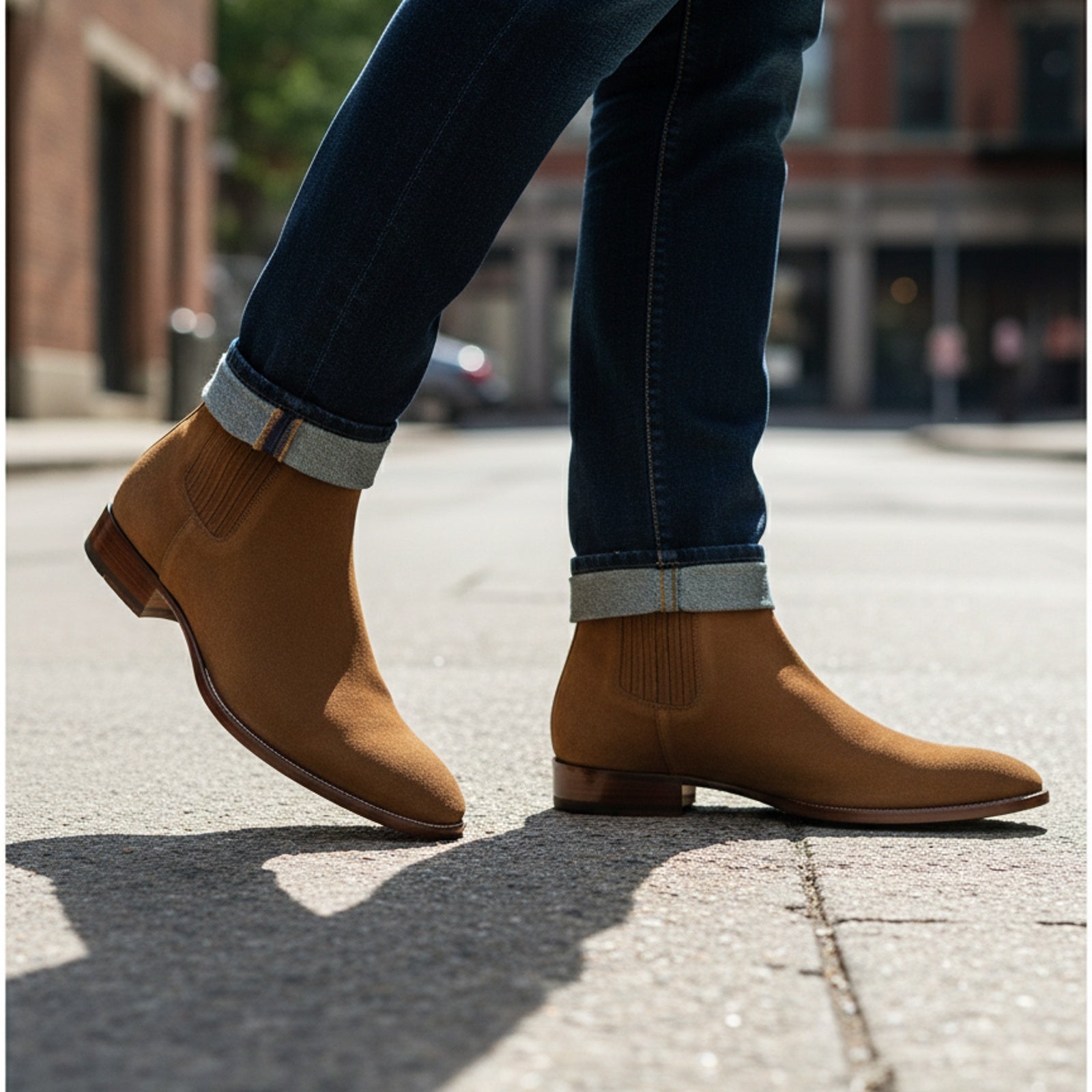 model-walking-street - Men's Brown Suede Chelsea Boots