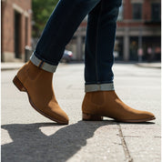 model-walking-street - Men's Brown Suede Chelsea Boots