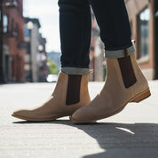 model-walking-street - Men's Brown Suede Chelsea Boots