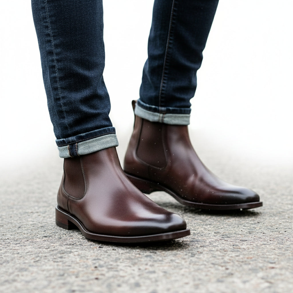 model-walking-street - Men's Brown Suede Chelsea Boots