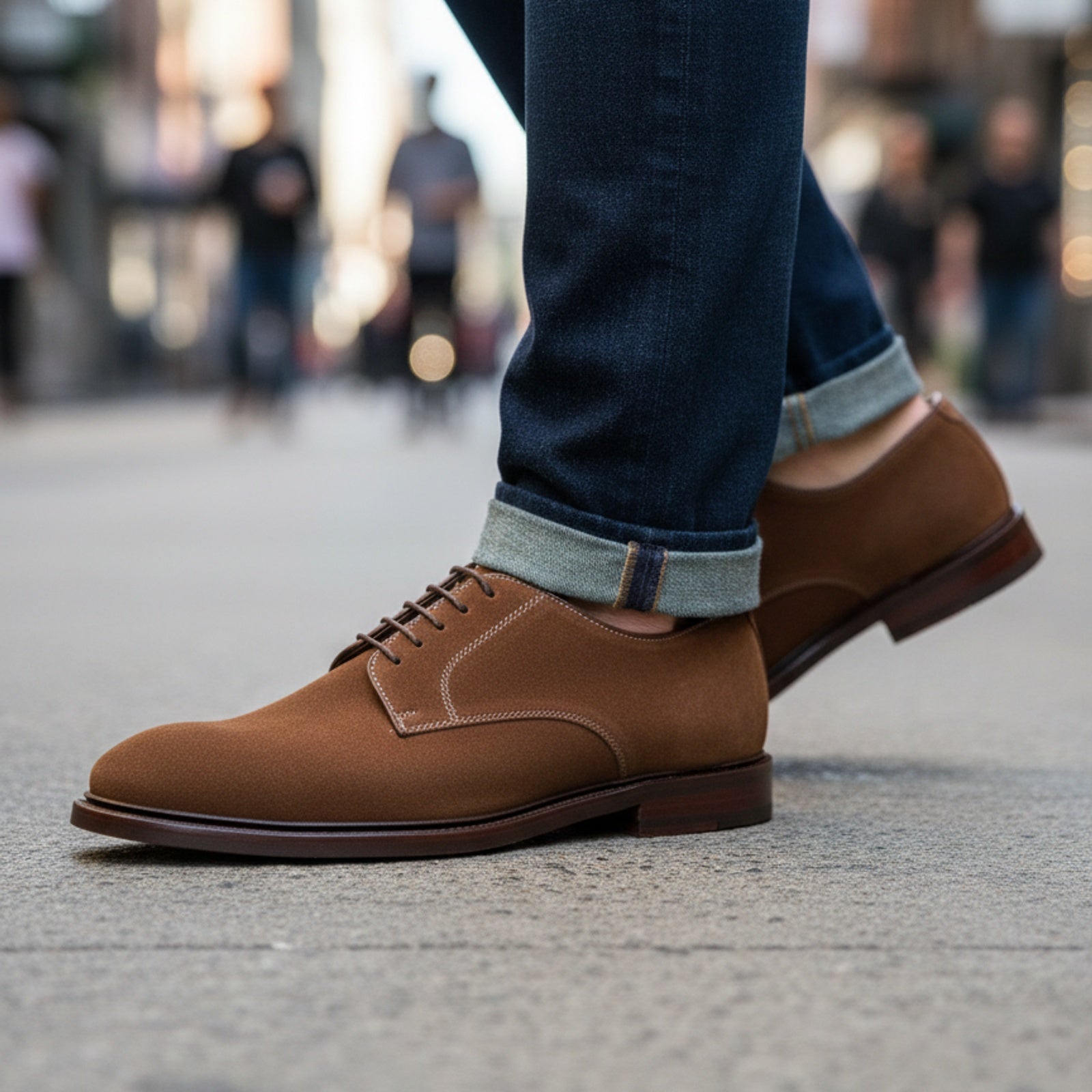 Men's Brown Suede Derby Shoes - model-walking-street