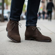 model-walking-street - Men's Brown Suede Dress Boots