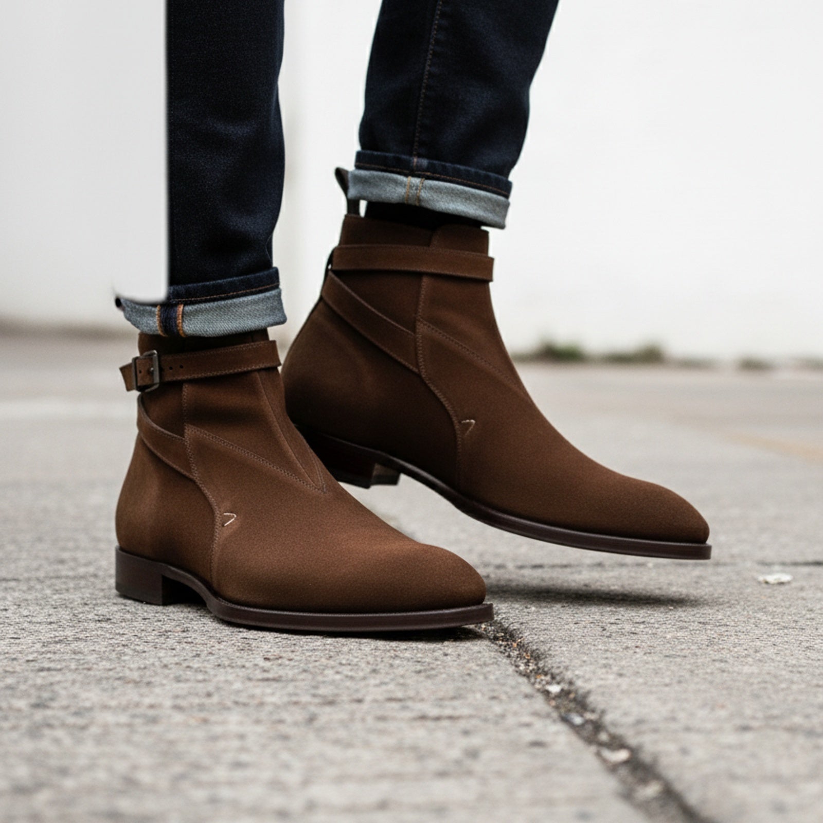 model-walking-street - Men's Brown Suede Jodhpurs Boots with Ankle Strap