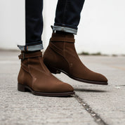 model-walking-street - Men's Brown Suede Jodhpurs Boots with Ankle Strap