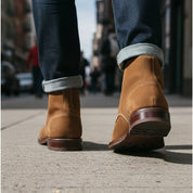 model-walking-street - Men's Brown Suede Lace-Up Ankle Boots