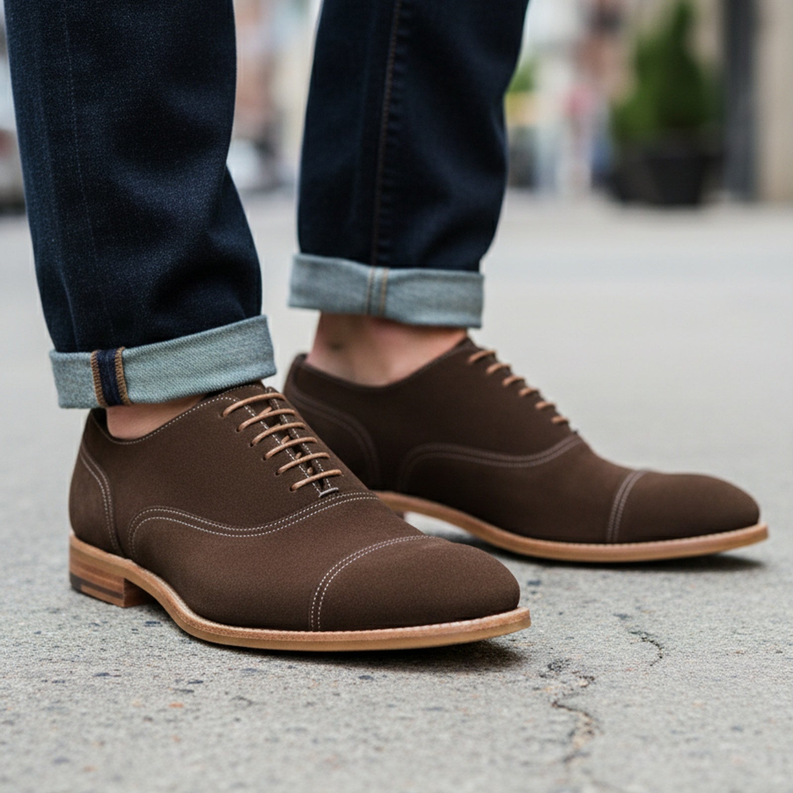 model-walking-street - Men's Brown Suede Leather Dress Shoes