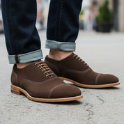 model-walking-street - Men's Brown Suede Leather Dress Shoes