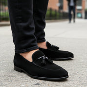 model-walking-street - Men's Brown Suede Loafer Shoes
