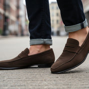 model-walking-street - Men's Brown Suede Loafers