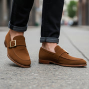 model-walking-street - Men's Brown Suede Moccasin Dress Shoes