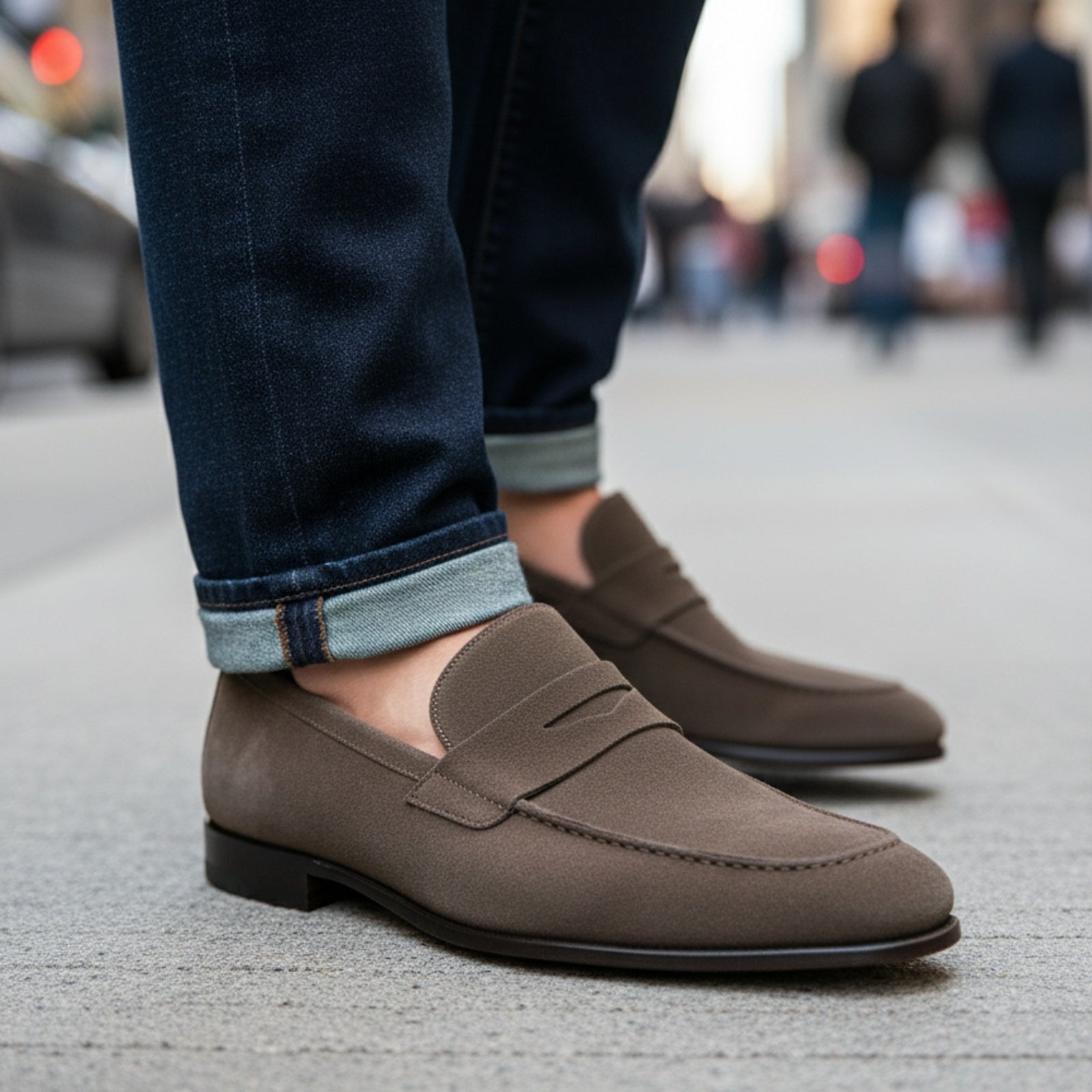 model-walking-street - Men's Brown Suede Moccasin Dress Shoes