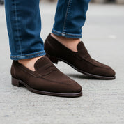 model-walking-street - Men's Brown Suede Moccasin Loafers