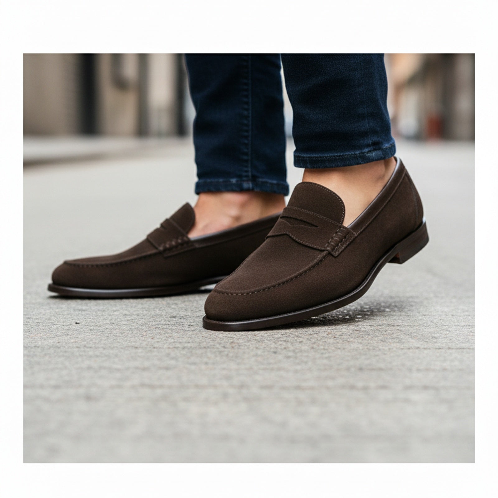 model-walking-street - Men's Brown Suede Moccasin Loafers