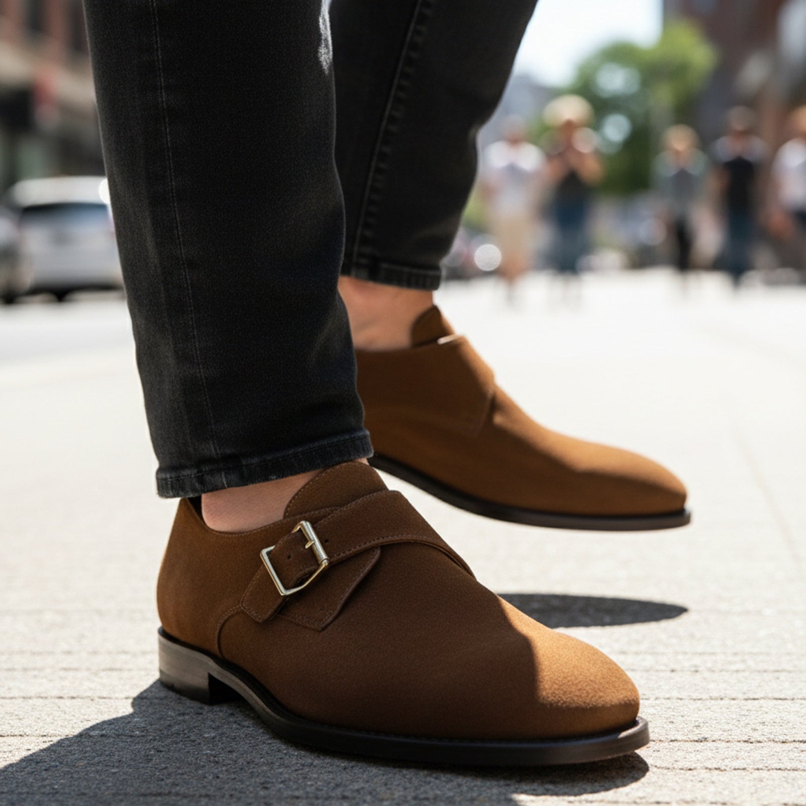 Men's Brown Suede Moccasin Shoes - model-walking-street