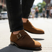 Men's Brown Suede Moccasin Shoes - model-walking-street