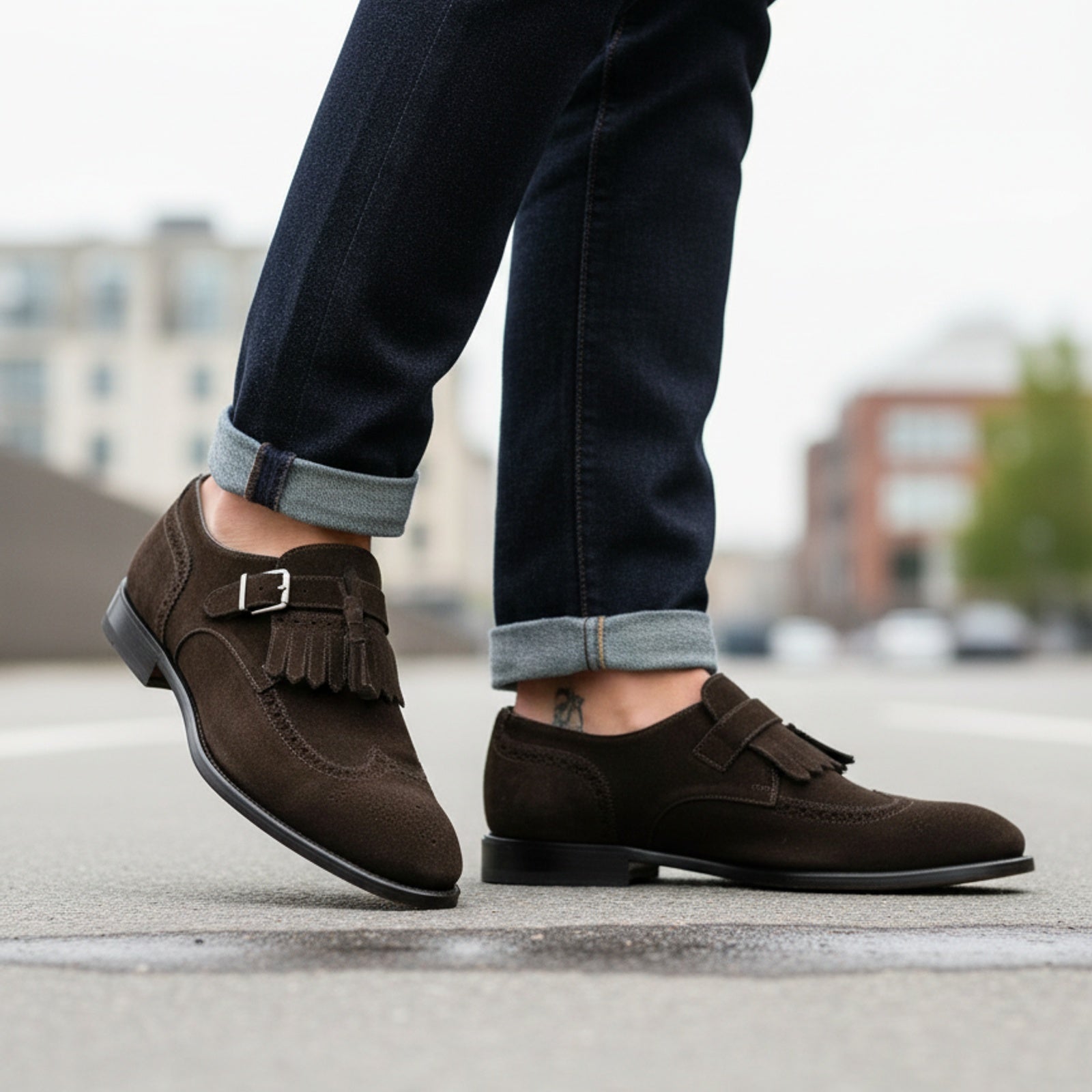 model-walking-street - Men's Brown Suede Monk Strap Shoes