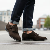 model-walking-street - Men's Brown Suede Monk Strap Shoes