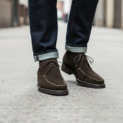 Men's Brown Suede Oxford Dress Shoes - model-walking-street