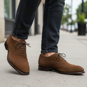model-walking-street - Men's Brown Suede Oxford Shoes