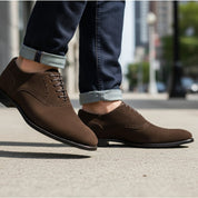 model-walking-street - Men's Brown Suede Oxford Shoes