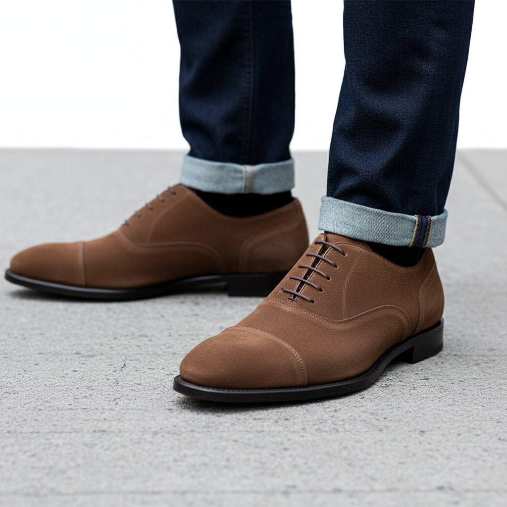 model-walking-street - Men's Brown Suede Oxford Shoes